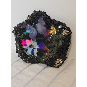 Handmade Resin Crystal Edge Trinket Holder With Flowers Black Gold 779